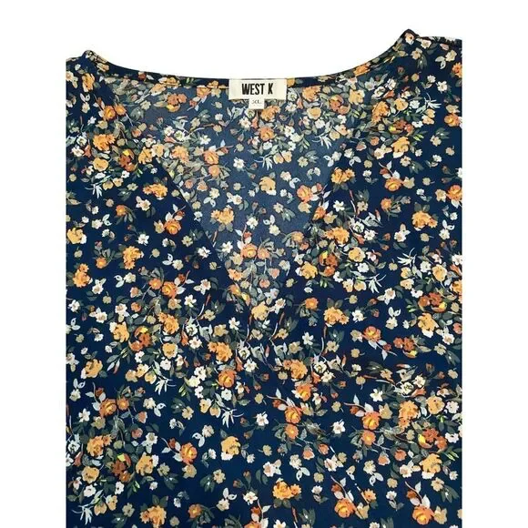 West K Top Women's XL Blue Floral Print Short Sleeve Faux Wrap Boho Peasant Boxy - Picture 12 of 16
